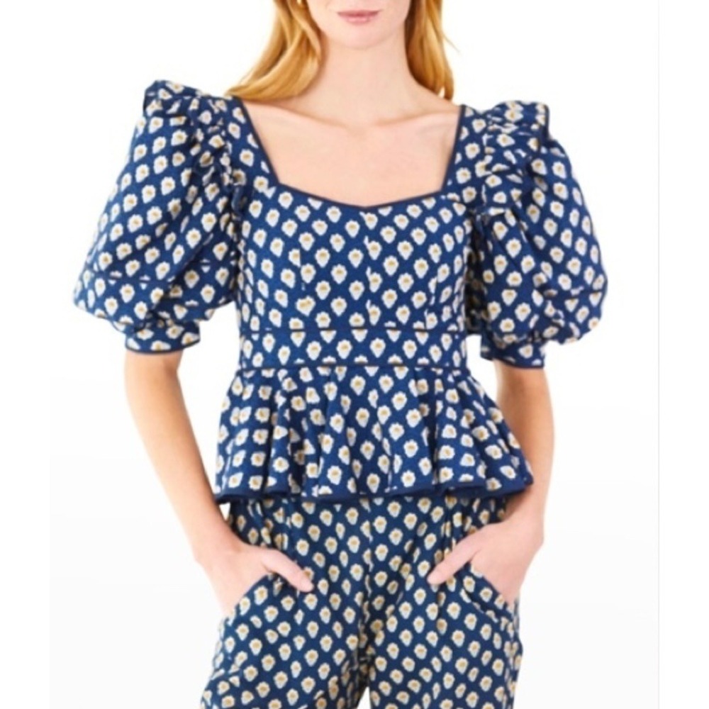 Hunter Bell Puff-Sleeve Floral Poplin Peplum Top 8